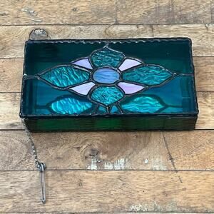Handcrafted Hinged Box 7.5" Stained Glass Flower Mirror Bottom Jewelry